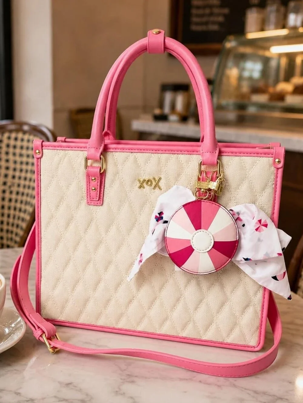 Betsey Johnson Cream Quilted Satchel with Pink Trim